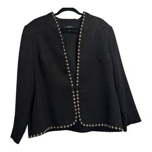 VTG Louben Petite 16WP Black Brocade Jacket Gold Trim Dressy Open Front Blazer